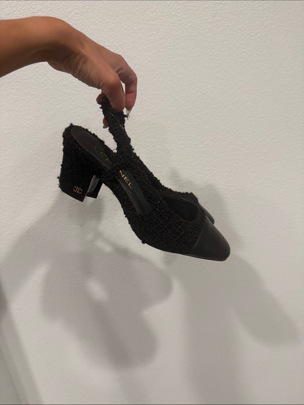 CHANEL Black Tweed Slingback Block Heel with Leather Cap Toe